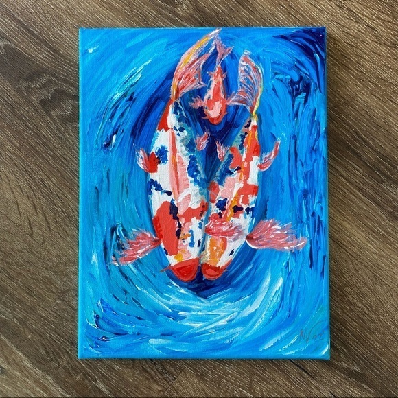 Painting of 3 Koi Fish Original Art Acrylic Painting Canvas Pisces Artwork Wall - Picture 9 of 11